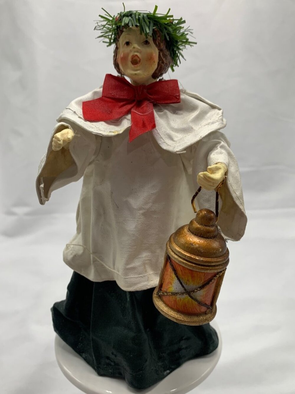 Vintage Clothtique Caroler Holding Lantern With Wreath & Red Bow Holiday Figure